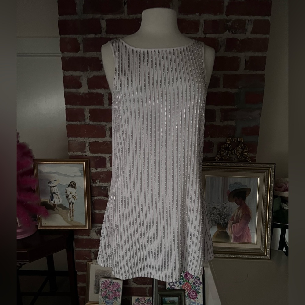 Alice + Olivia For Scoop White with Silver Baguette Sequins Sleeveless Dress